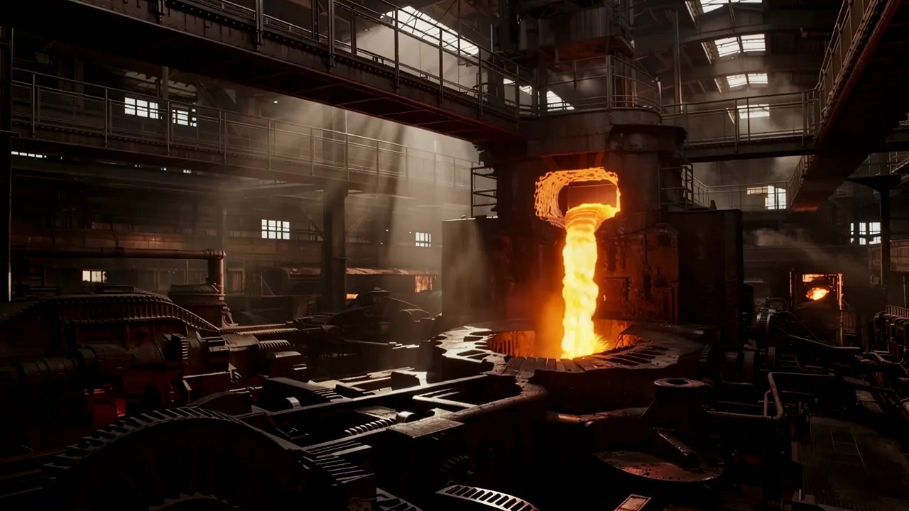 Foundry Interior with Glowing Molten Iron Being Poured