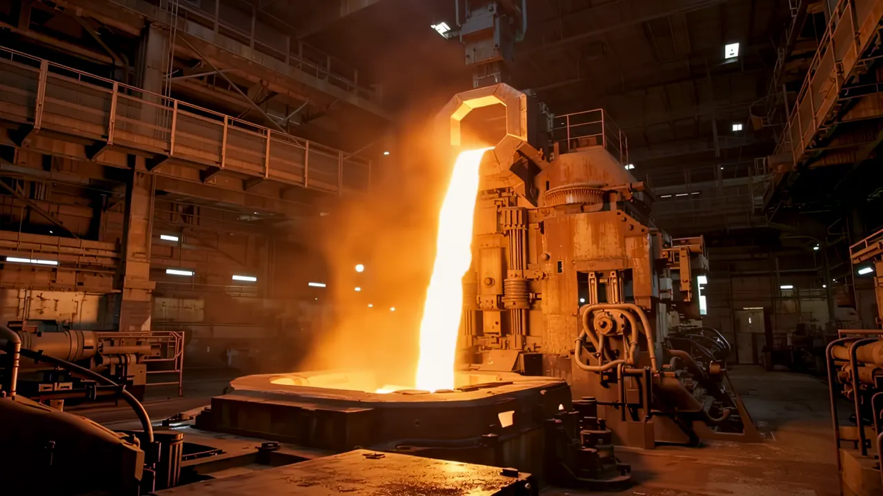 Foundry Interior with Glowing Molten Iron Being Poured