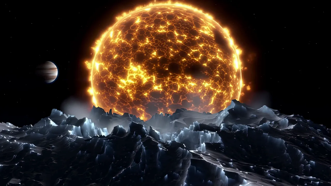 Fractured Icy Moon Surface with Plumes in Dark Space