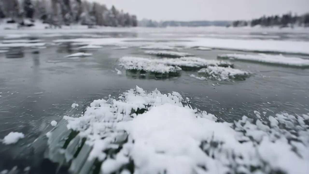 Frozen Lake Surface with Intricate Ice Crystal Patterns