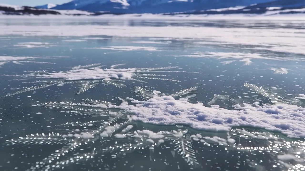 Frozen Lake Surface with Intricate Ice Crystal Patterns