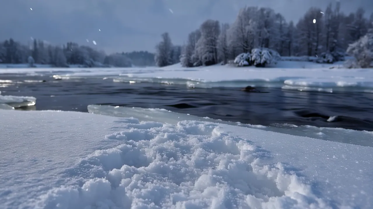 Frozen River with Ice Formations and Dark Flowing Water