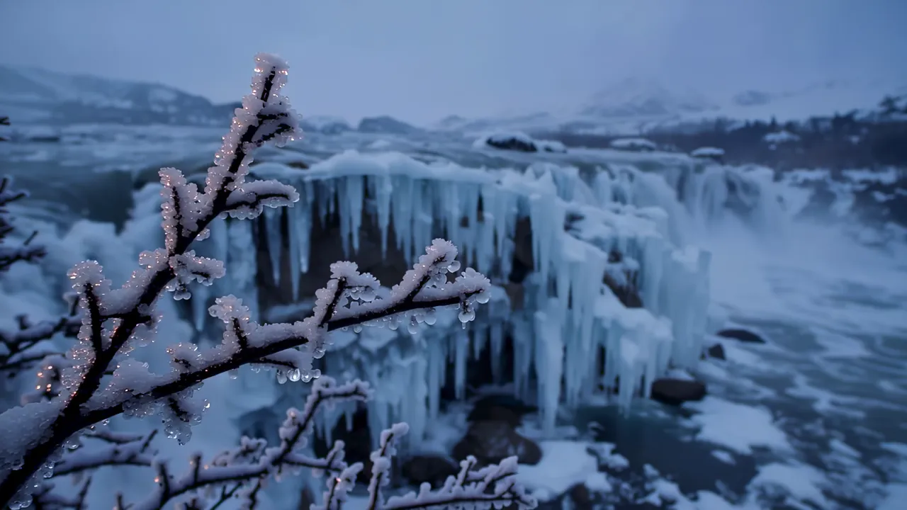 Frozen Waterfall with Icicles in Cold Blue Light