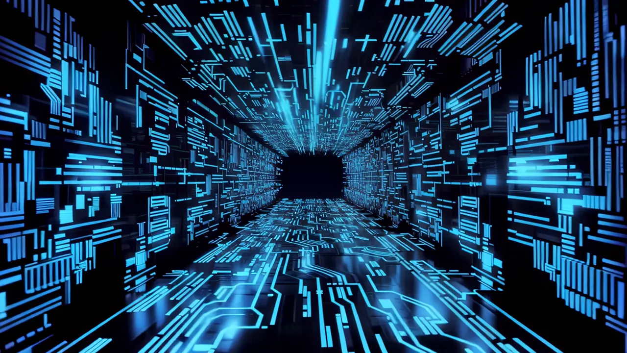 Futuristic Cyber Tunnel with Glowing Blue Circuits