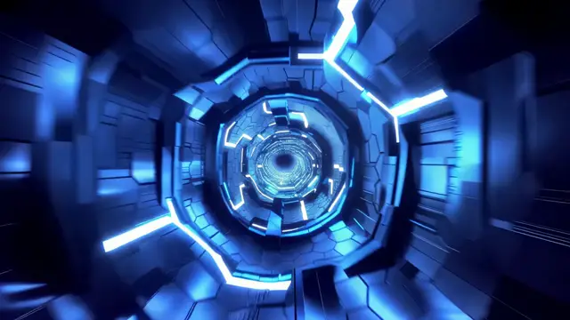 Futuristic Sci-Fi Blue Hexagonal Tunnel with Neon Lights