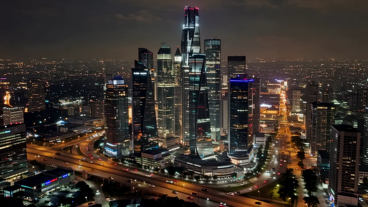 Futuristic Singapore CBD at Night with Glowing Towers