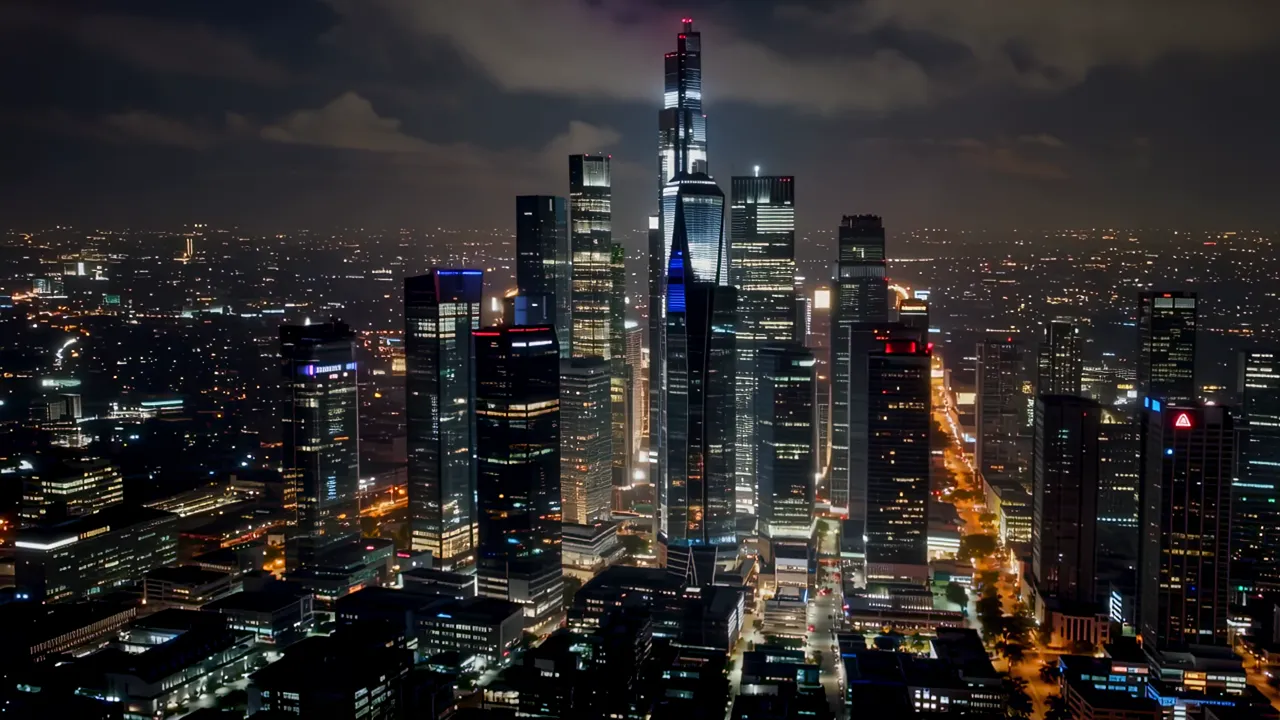 Futuristic Singapore CBD Nighttime Aerial View