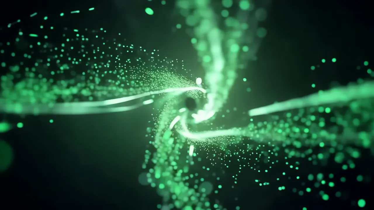 Futuristic Swirling Green Particles on Dark Background