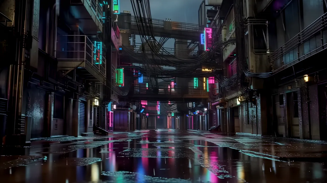 Futuristic Urban Alley with Neon Signs and Walkways