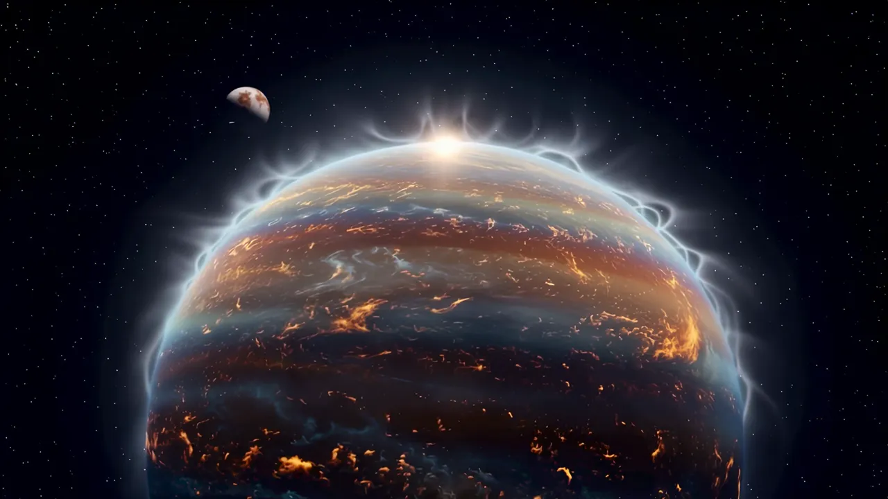 Gas Giant Planet with Swirling Storm Bands and Atmosphere