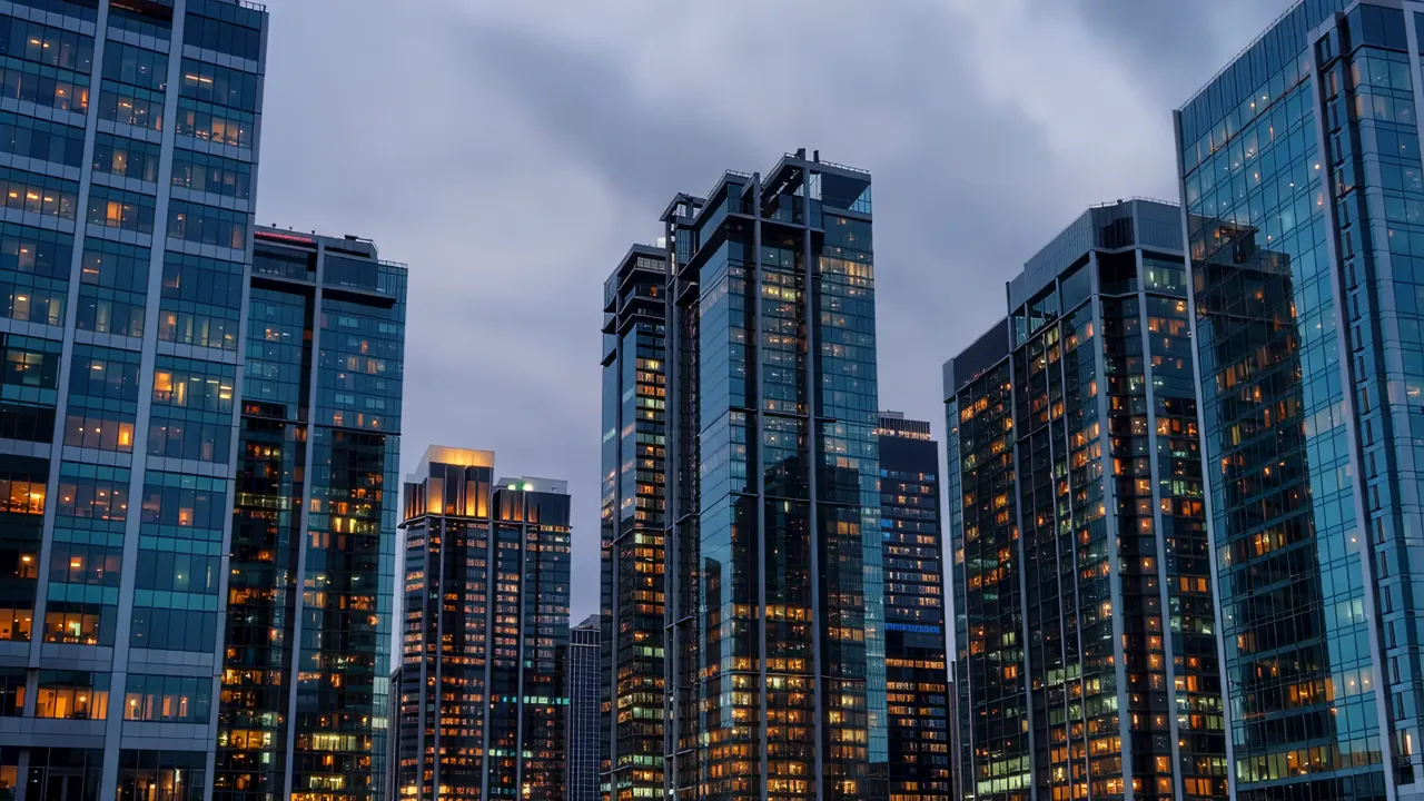 Glass and Steel Office Towers Against a Cloudy Sky