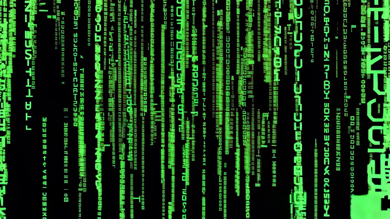Glitching Green Matrix Data Stream on Black Background