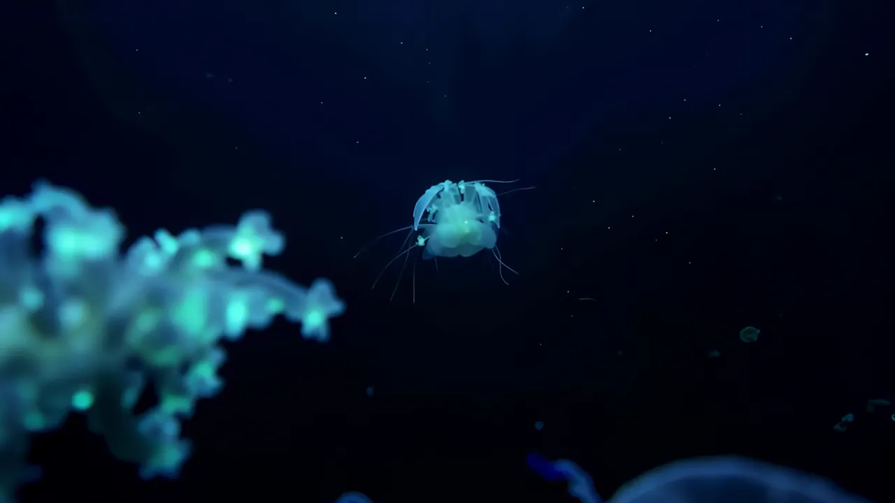Glowing Bioluminescent Siphonophore in Dark Ocean Waters