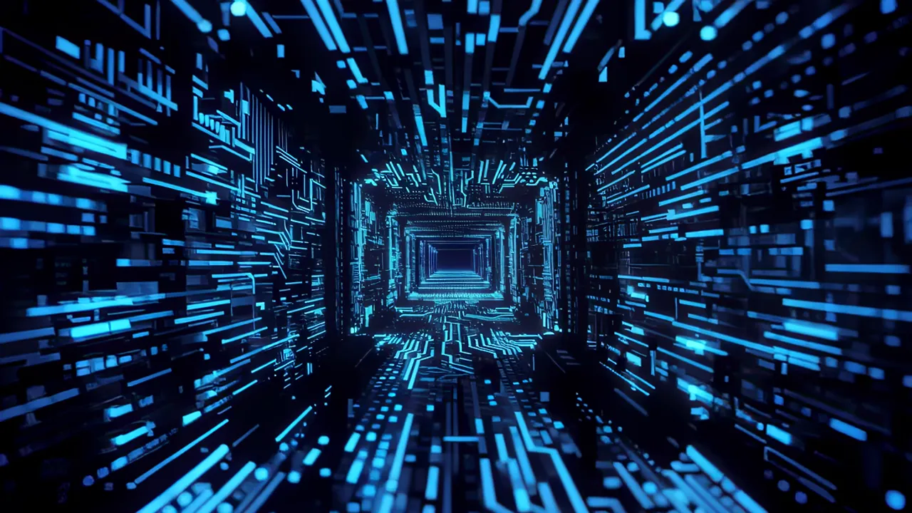 Glowing Blue Circuit Tunnel in Dark Space