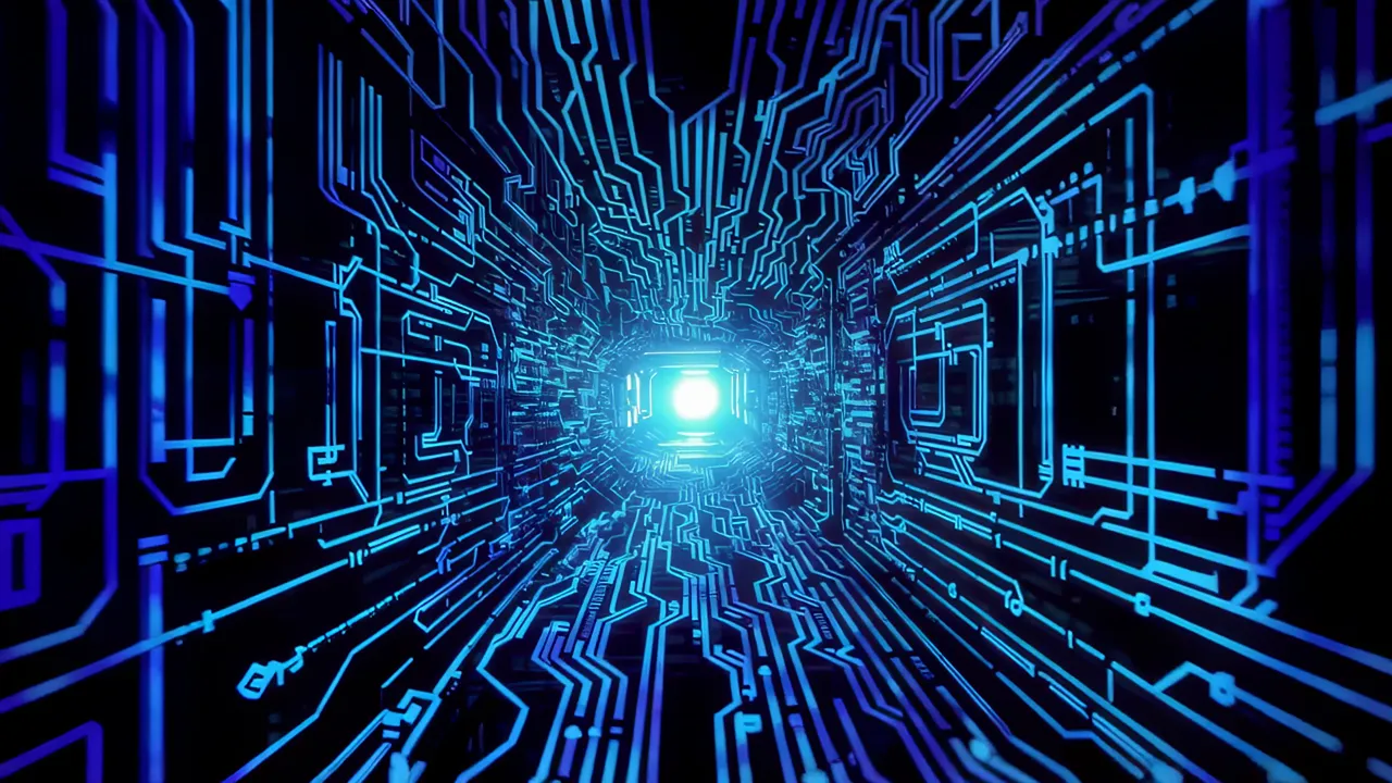 Glowing Blue Circuit Tunnel Receding into Darkness