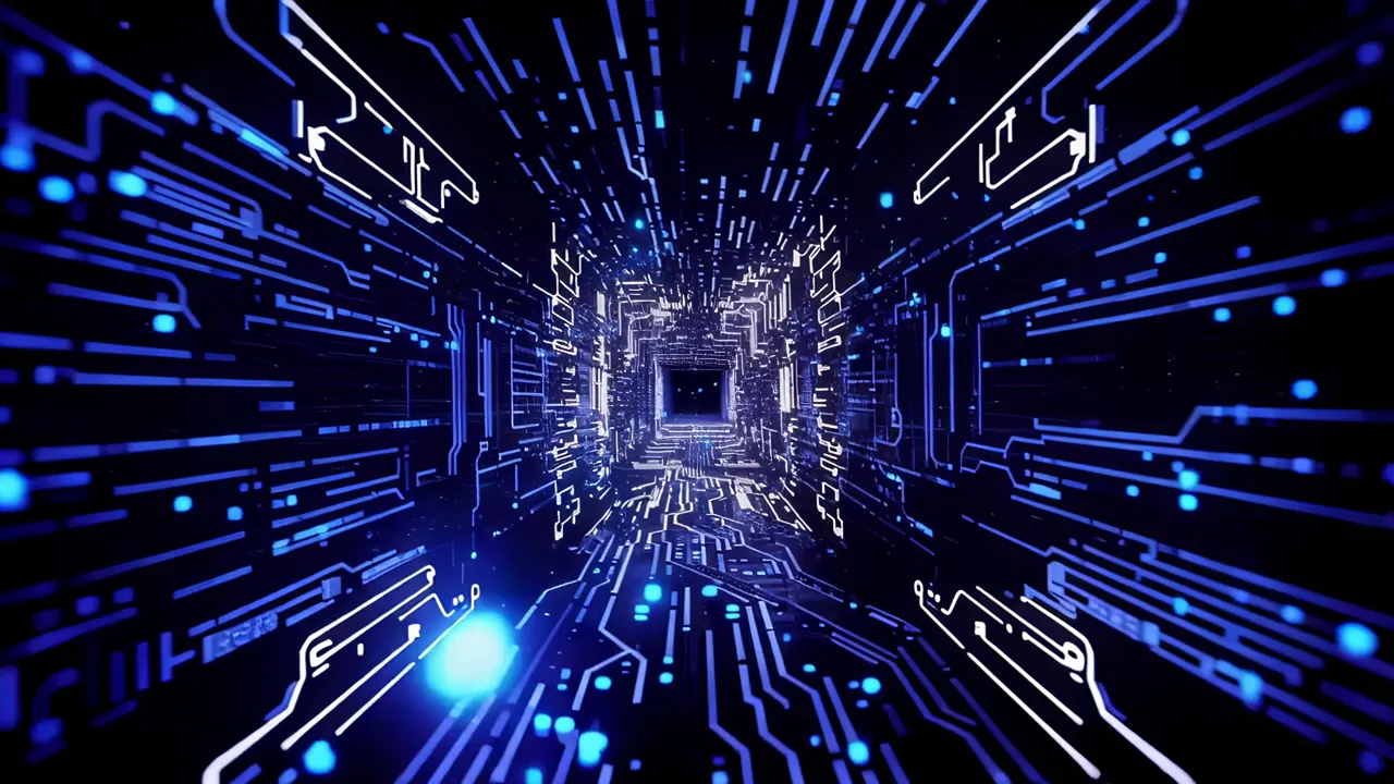 Glowing Blue Circuit Tunnel with Infinite Darkness