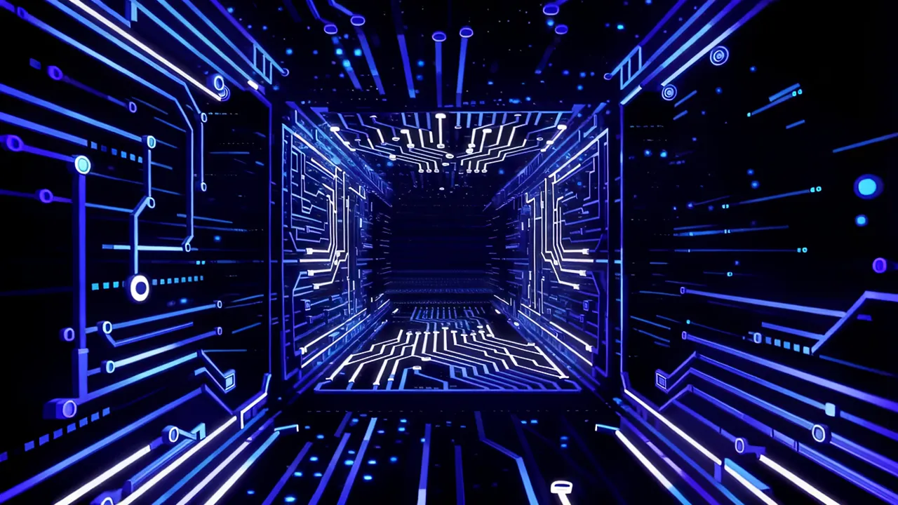 Glowing Blue Circuit Tunnel with Infinite Depth