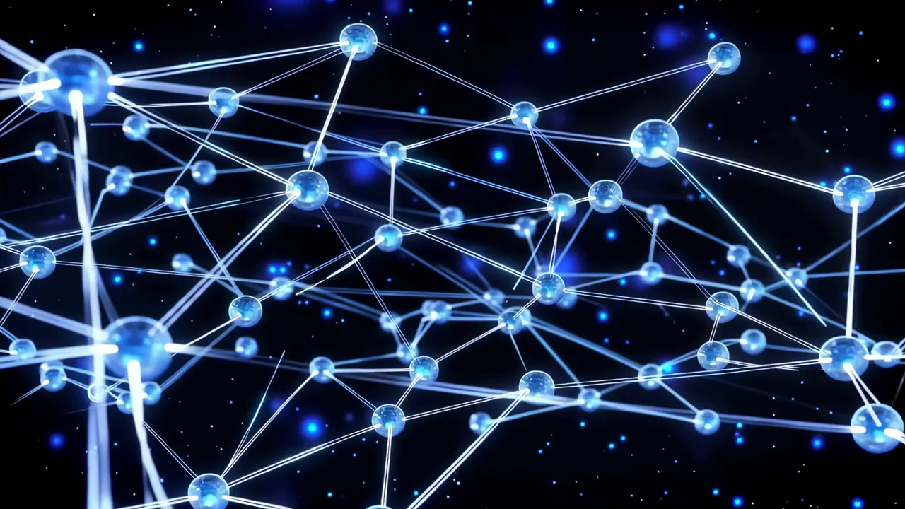Glowing Blue Data Nodes and Fiber Threads Network