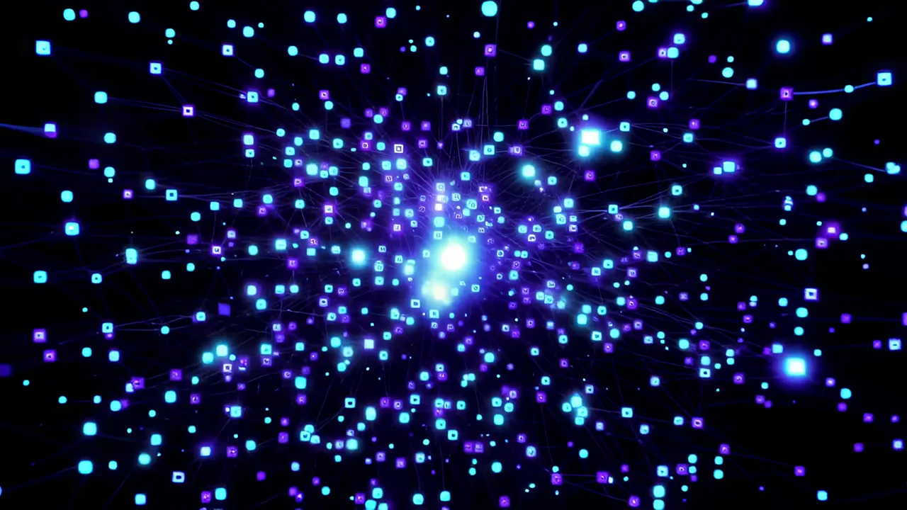 Glowing Blue Data Nodes and Luminous Fiber Threads