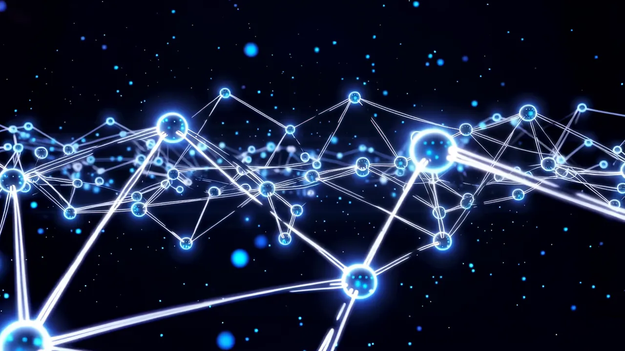 Glowing Blue Data Nodes Connected by Fiber Threads