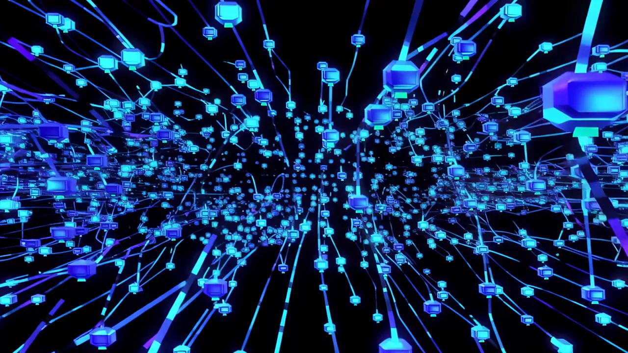 Glowing Blue Data Nodes Connected by Fiber Threads