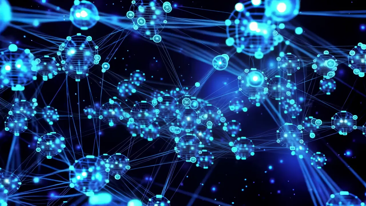 Glowing Blue Data Nodes Connected by Fiber Threads