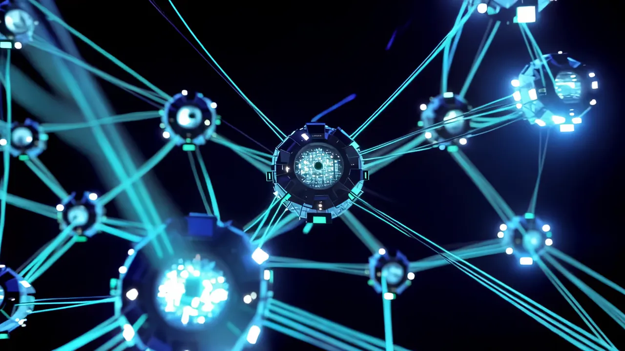 Glowing Blue Data Nodes Connected by Luminous Fibers