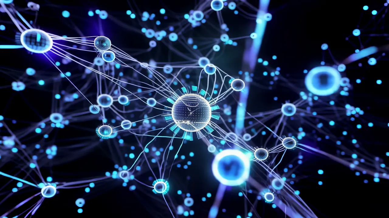 Glowing Blue Data Nodes Connected by Luminous Threads