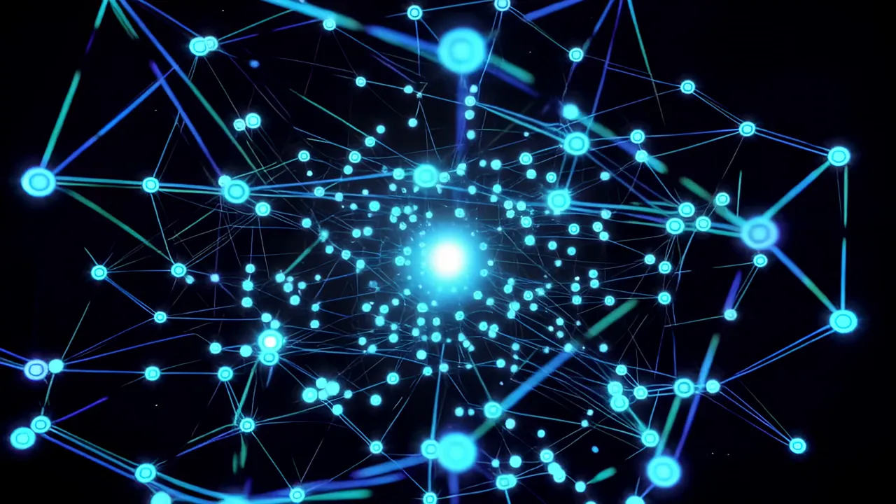 Glowing Blue Data Nodes in a Luminous Network