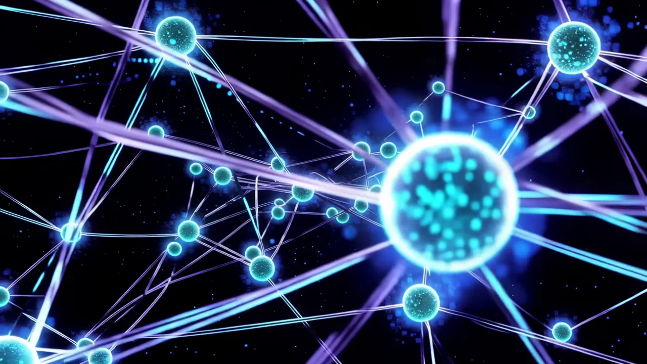 Glowing Blue Data Nodes with Luminous Fiber Connections