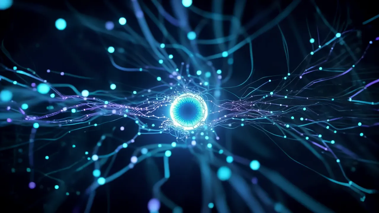Glowing Blue Eye with Data Streams Flowing Outward