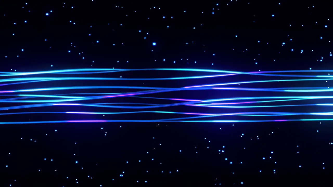 Glowing Blue Fiber Optic Light Threads Flowing Horizontally