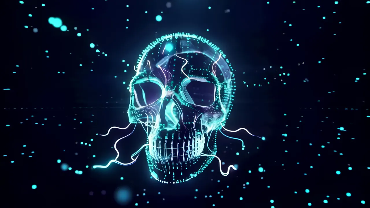 Glowing Blue Human Skull with Data Streams and Arcs