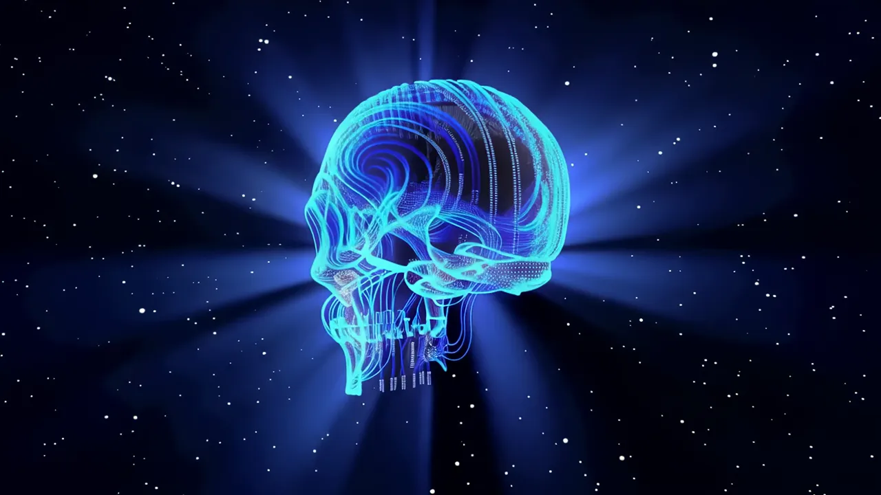 Glowing Blue Human Skull with Data Streams and Particles