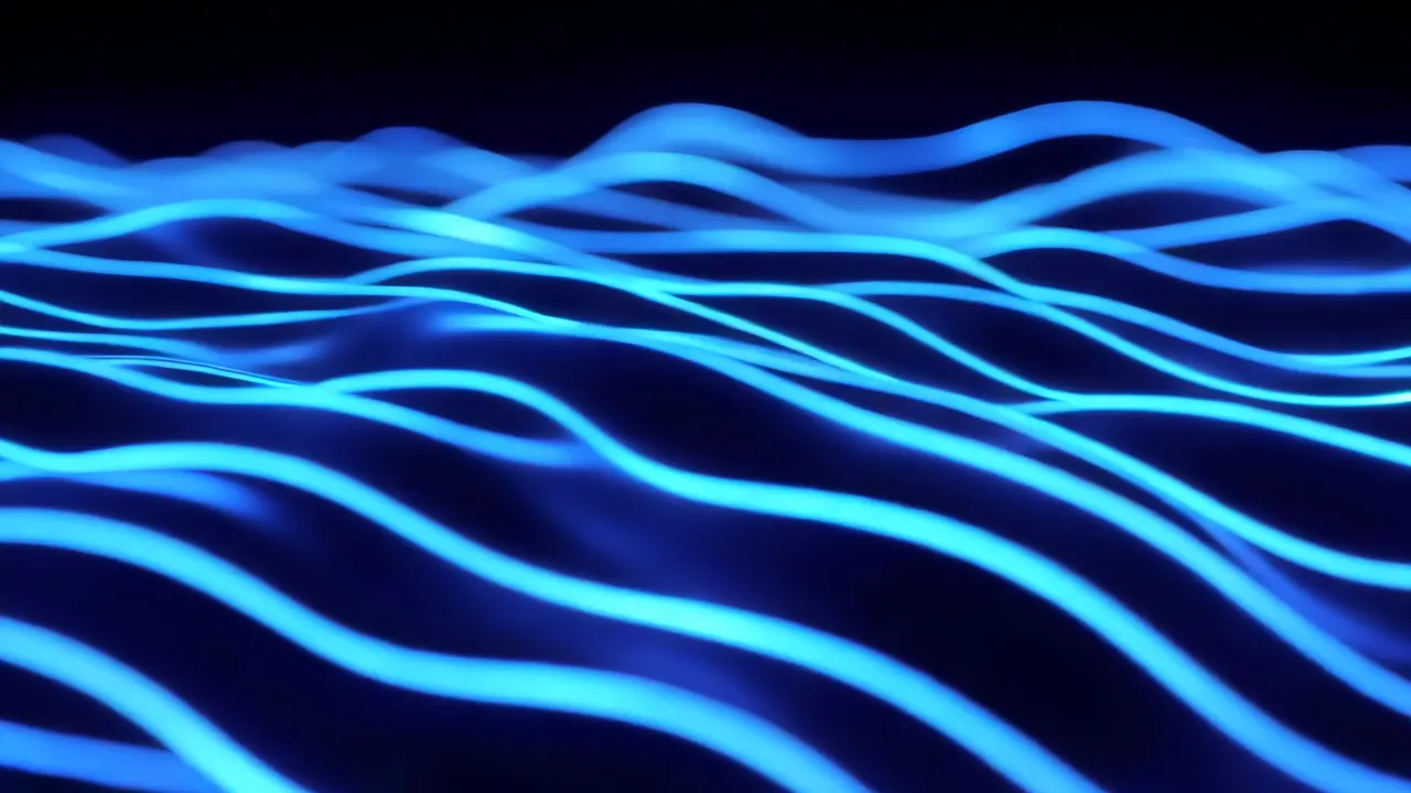 Glowing Blue Lines on Dark Background in Wave Pattern