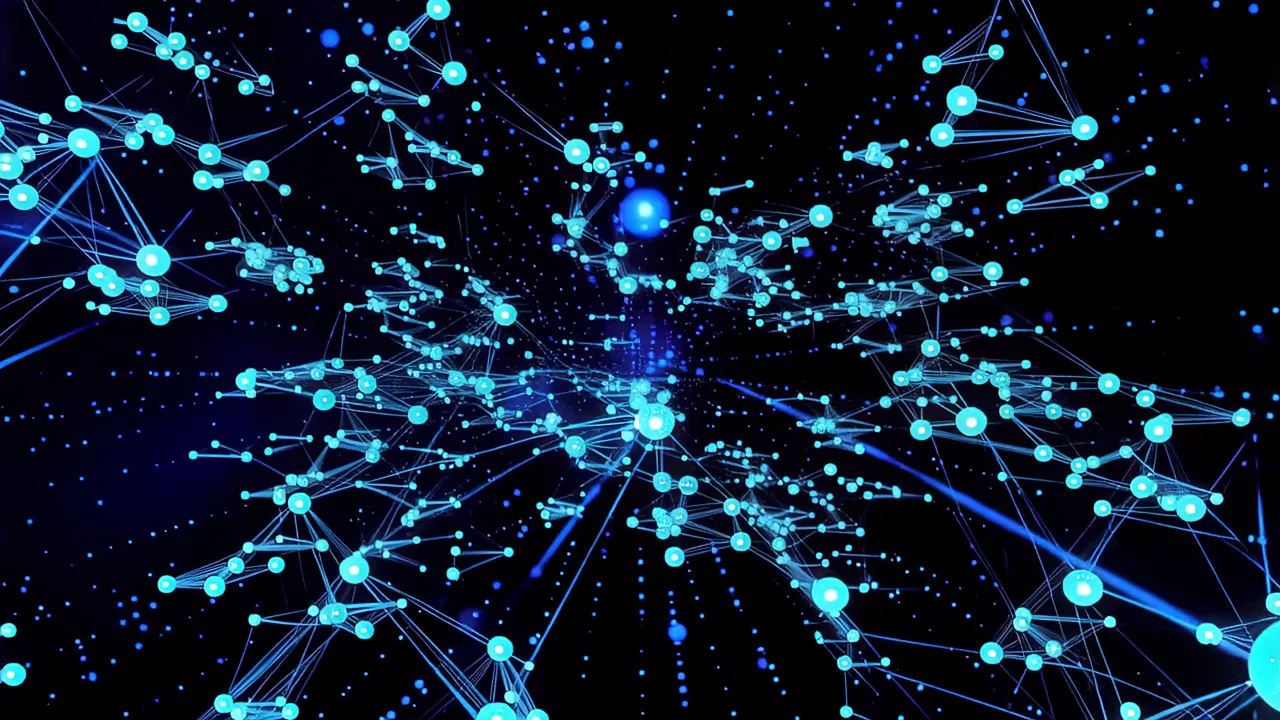 Glowing Blue Network of Data Nodes and Fiber Threads