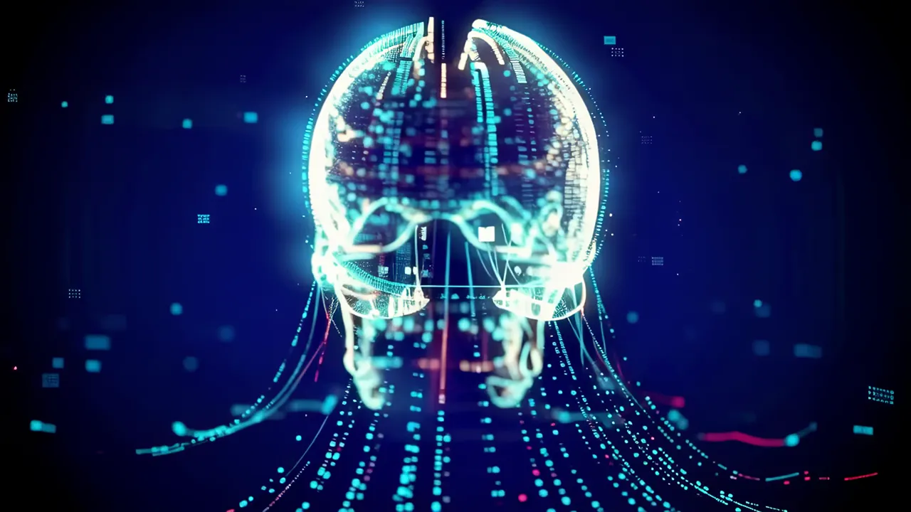 Glowing Blue Skull with Data Streams and Particles