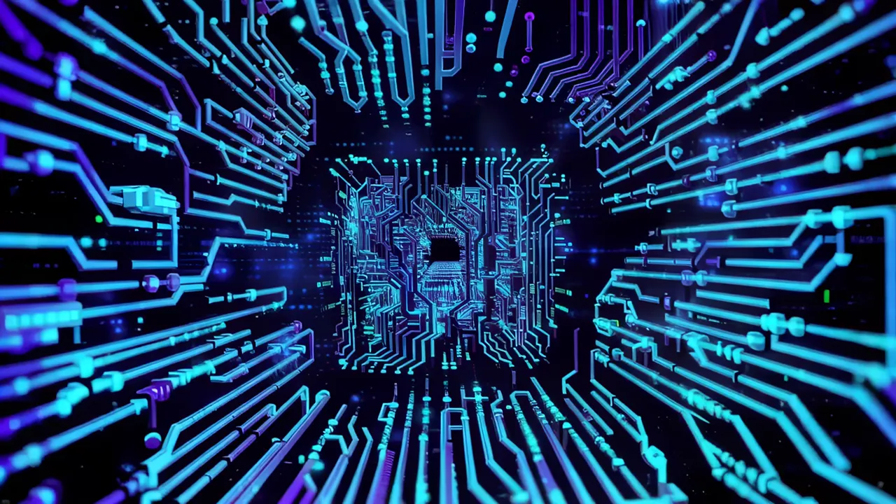 Glowing Cyber Tunnel of Blue Circuits and Data Lines