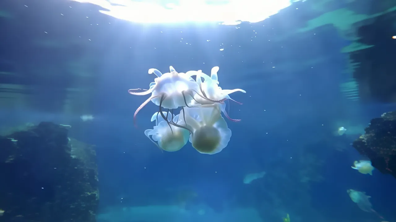 Glowing Jellyfish Silhouetted Against Bright Surface Light