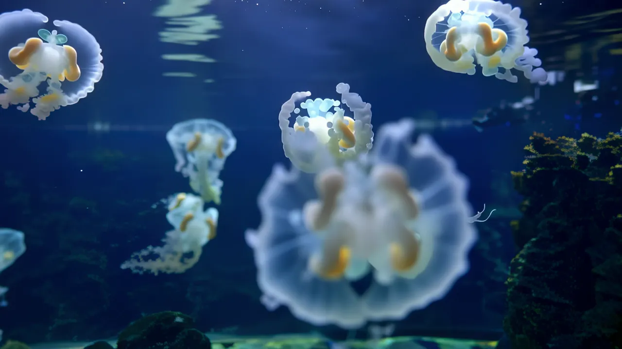 Glowing Jellyfish Silhouetted in Deep Water