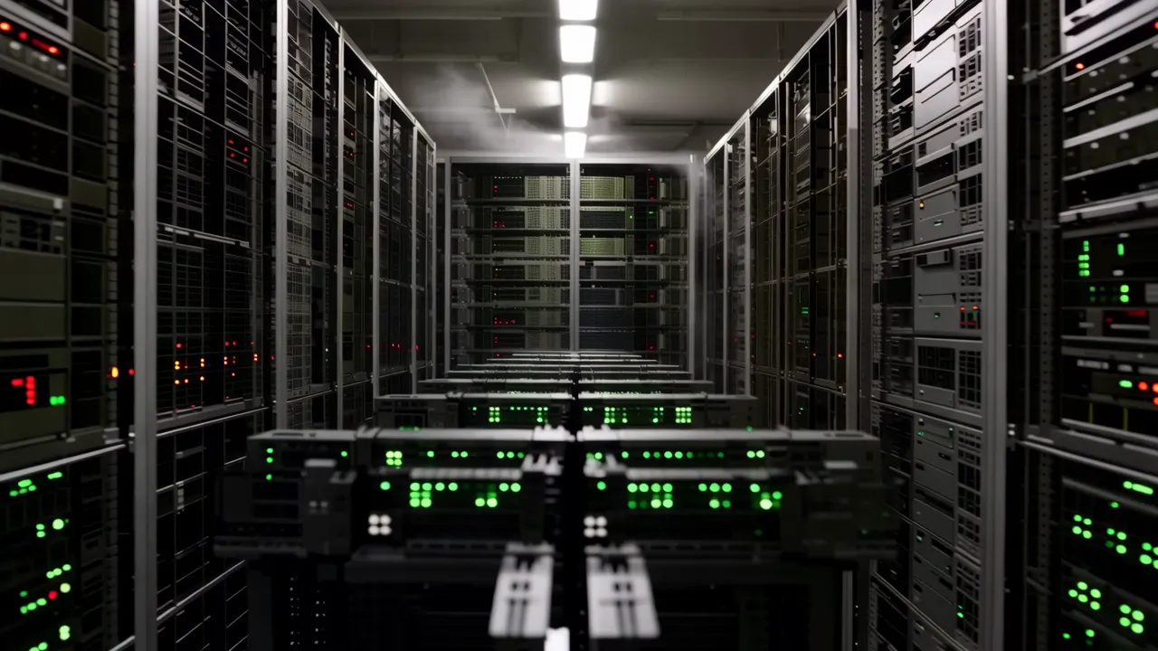 Glowing LED Lights in Server Rack Aisle