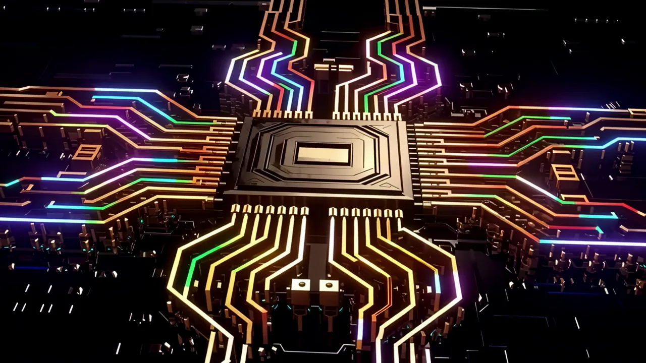 Glowing Neon Circuit Pathways in a Semiconductor Design