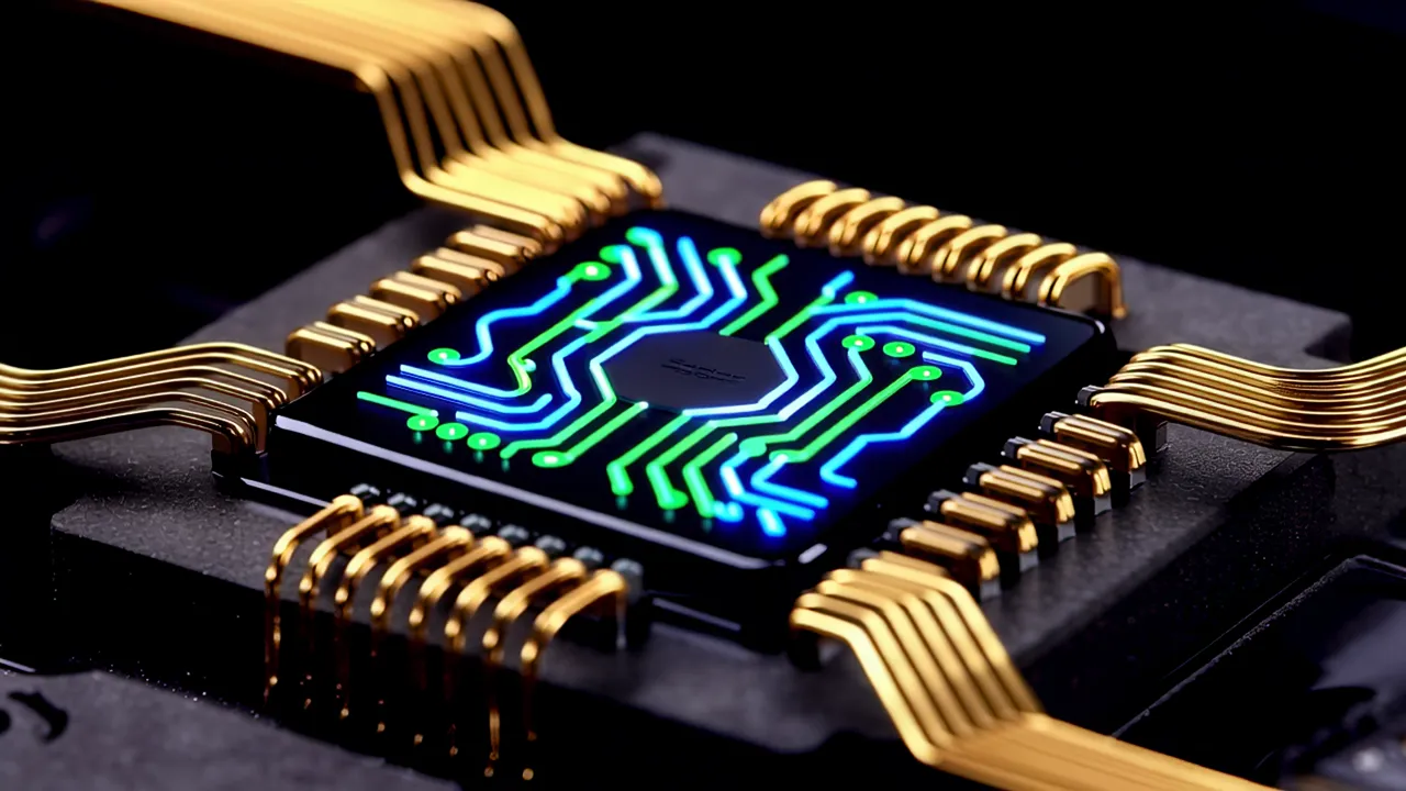 Glowing Neon Circuit Pathways on a Semiconductor Chip