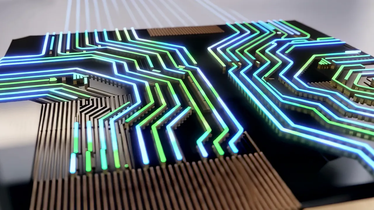Glowing Neon Semiconductor Circuit Pathways Visualization