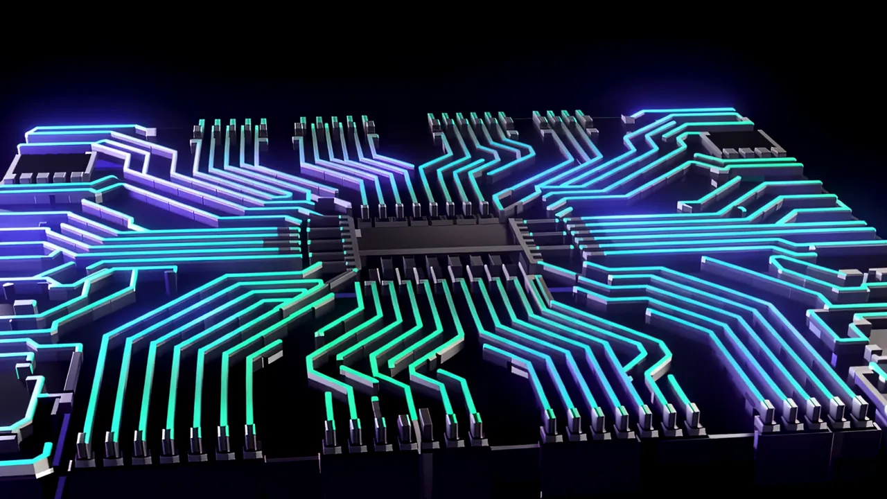 Glowing Neon Semiconductor Circuit Pathways Visualization