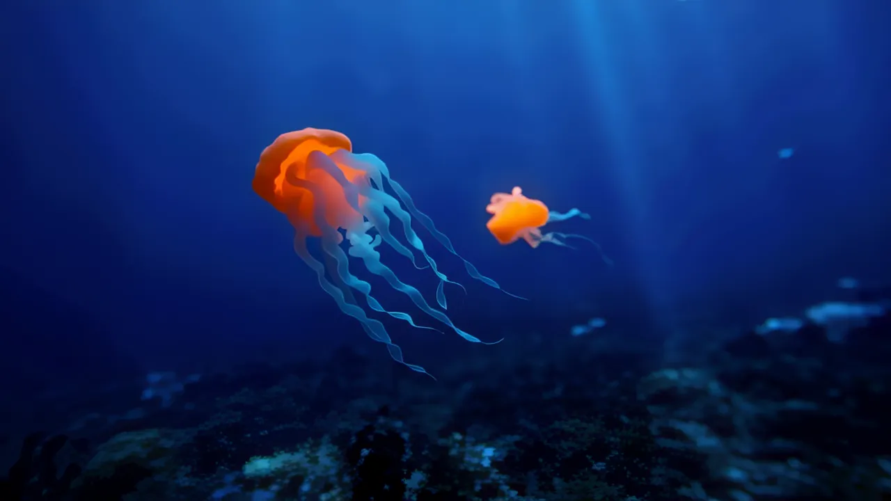 Glowing Orange Jellyfish Drifting in Deep Blue Water