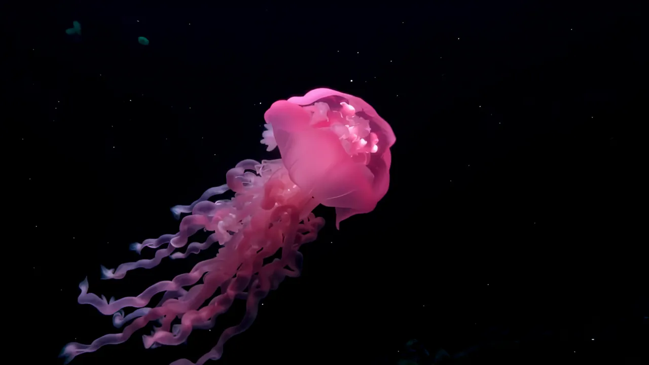 Glowing Pink Jellyfish Swimming in Dark Water