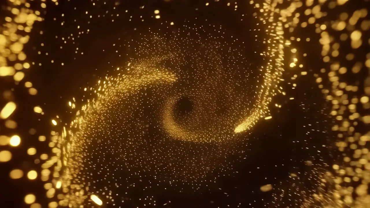 Gold Neon Swirling Particles in Abstract Background