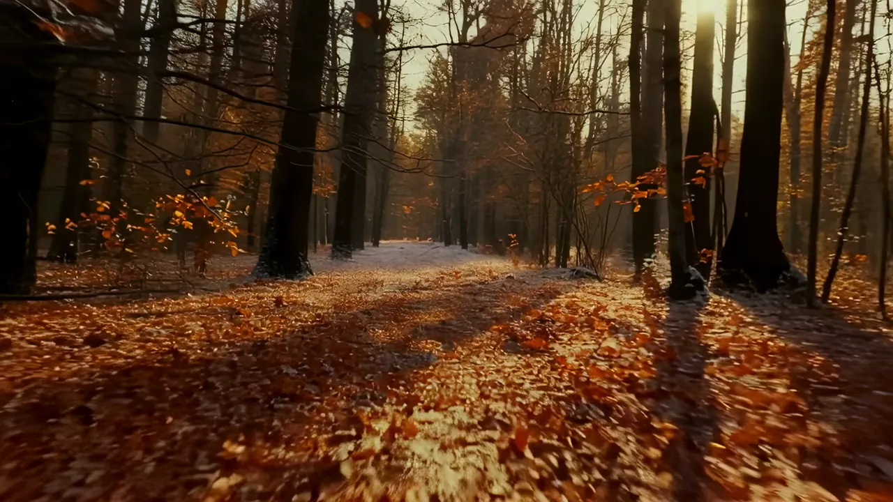 Golden Autumn Light on a Leaf-Covered Forest Path