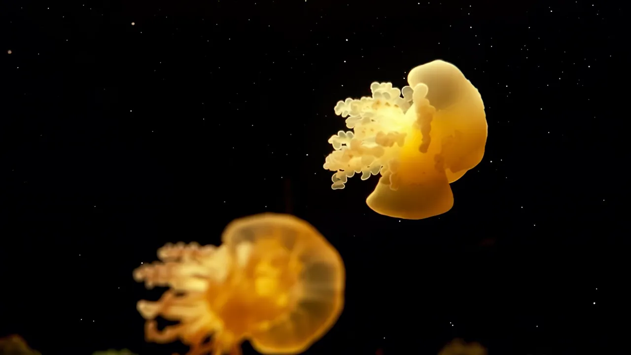 Golden Jellyfish Drifting in Dark Water with Amber Glow